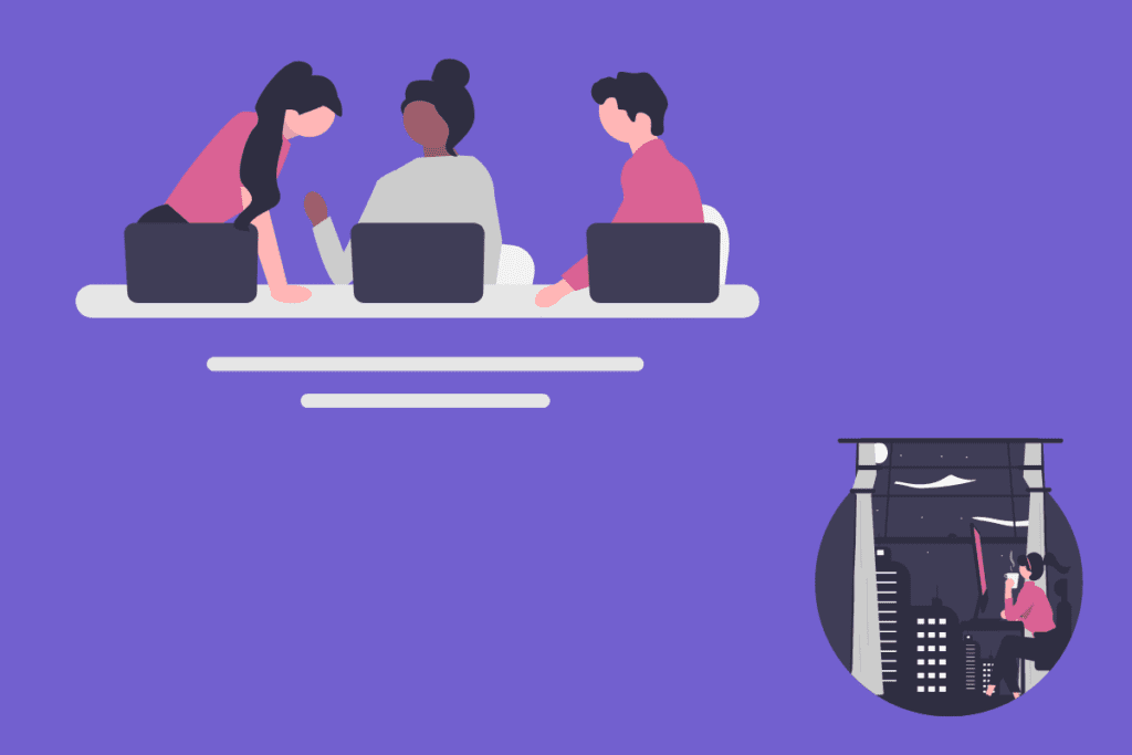 The image illustrates a team of three diverse individuals—two women and a man—engaged in eliciting requirements techniques in a modern office setting. They are seated at a desk, each with a laptop, suggesting a collaborative work process in a technology-driven environment. The violet background emphasizes a calm and focused atmosphere. Additionally, a small circular inset in the lower right corner shows a woman working alone in a server room, highlighting the technical aspect of their work. This setup underscores the practical application of eliciting requirements techniques in a real-world scenario.