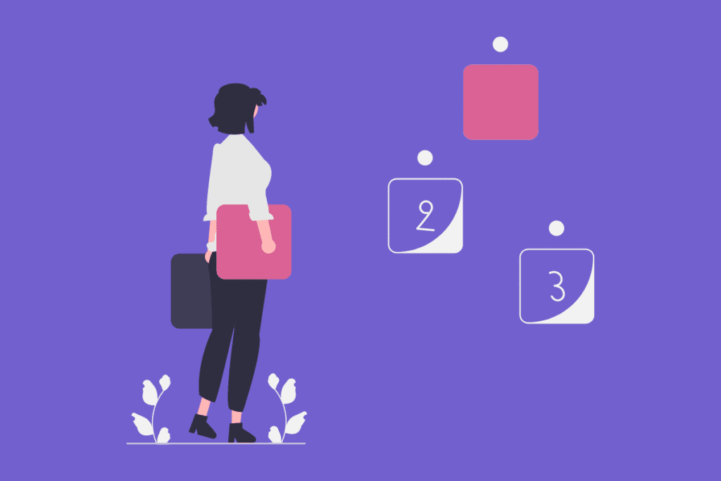 The image depicts a stylized illustration of a person, likely a professional or business person, standing and looking at floating geometric shapes. There are three shapes: one large red square and two white rectangles with rounded corners, each containing a number. The rectangle on the left has the number '2' and the one on the right has the number '3'. The numbers likely represent steps or stages in a process. The large red square doesn't have a visible number but seems to be the first in the sequence given its size and placement. The background is a solid purple, and there are small, white, plant-like designs at the bottom of the image. This image could be associated with the concept of requirements gathering and analysis in the Software Development Life Cycle, suggesting a focus on the initial stages of planning and design.