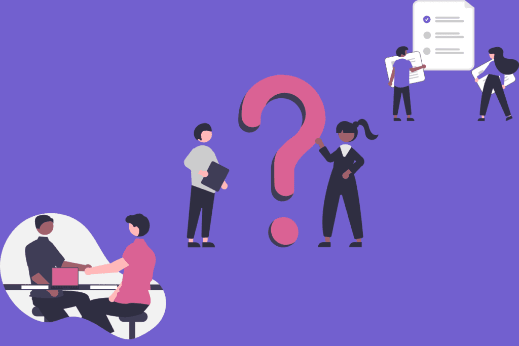 The image displays a stylized, flat design graphic predominantly in shades of purple. It features four cartoon-like characters engaged in business-related activities. In the foreground, two individuals are seated at a table, with one handing a red folder to the other, suggesting an exchange of documents or information. In the background, to the left, a person stands holding a clipboard, perhaps reviewing information, while another character is walking and carrying documents. On the right, a confident character with a ponytail is holding a giant red question mark, symbolizing inquiry or the search for information. Above this scene is a speech bubble with a checklist, indicating a process or a set of requirements. The overall theme suggests a collaborative work environment focused on gathering and exchanging information, fitting for a discussion about business analyst interview questions related to requirements gathering.