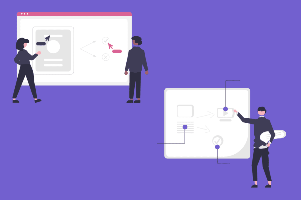 This image is an illustration comparing functional requirements and business requirements in the context of project management or software development. On the left side, there's a person pointing to a screen that represents a user interface with various icons, suggesting the discussion of specific functionalities, such as buttons, input fields, and user actions—denoting functional requirements. On the right side, another individual is interacting with a screen displaying flowcharts or process diagrams, indicating a focus on the business objectives or rules that the system must fulfill—depicting business requirements. The overall image conveys the distinct focuses of functional requirements (how the system operates) versus business requirements (what the system should achieve from a business perspective).