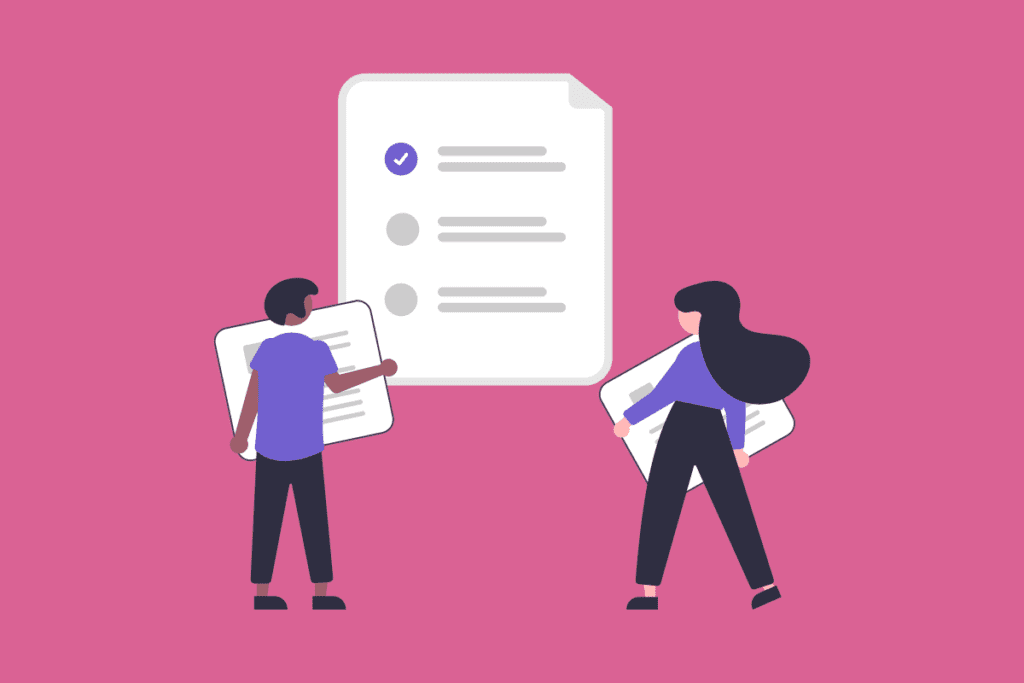 Alt text: "Illustration of two people with documents in front of a giant checklist. One person is holding an open booklet, looking towards a large white checklist with a purple tick mark, while the other person walks with a closed booklet underarm, away from the checklist. They both stand against a plain pink background, suggesting a focus on the task of gathering and confirming requirements.
