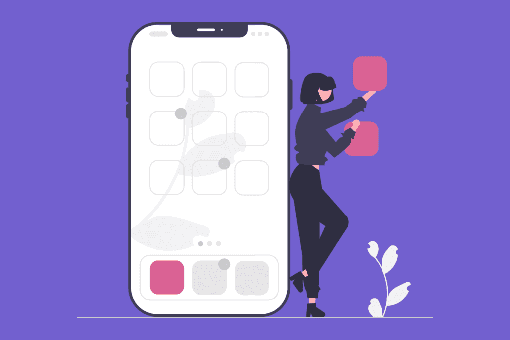 This image features an illustration of a female figure in black attire placing app icons (represented by red squares) onto a large, white, smartphone screen. The phone screen displays a grid where some placeholders for app icons are visible. The background is a solid purple color, and there's a simple white plant at the bottom right. The overall image is a metaphor for designing or organizing a mobile app interface.