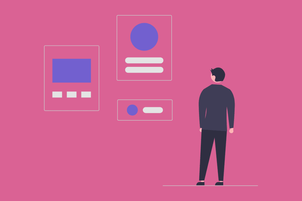 The image features a stylized, minimalist illustration with a pink background. In the foreground, there's a character, appearing as a silhouette, facing away from the viewer and looking at three larger abstract elements on the right side. These elements are reminiscent of simplified user interface designs or 'wireframes.' The largest element appears to be a representation of a mobile app or website layout, with a large circle at the top and three horizontal lines below it, indicating text or content placement. Below this is a smaller, similar element with a circle on the left and a short line beside it, possibly depicting a user interface for a login or search function. To the left of these two, there's another square element with a smaller rectangle at the top and three squares below, suggesting an interface with images or buttons. This image is likely a conceptual representation of the planning stage in software development, specifically the wireframing process where basic layouts of software interfaces are designed.